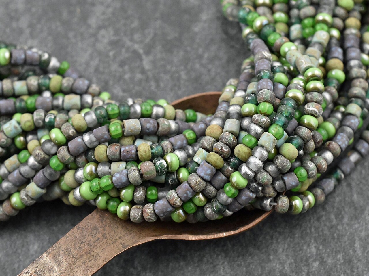6/0 Aged Matte Green Envy Picasso Seed Bead Tube Mix (20" Strand)